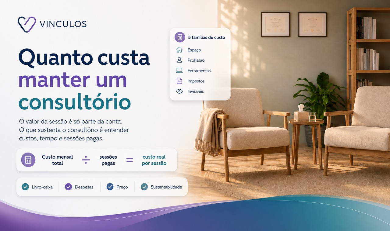 Card do artigo: a logo da Vínculos, o título "Quanto custa manter um consultório", a lista das cinco famílias de custo e a fórmula do custo mensal dividido pelas sessões pagas, sobre a foto de um consultório.