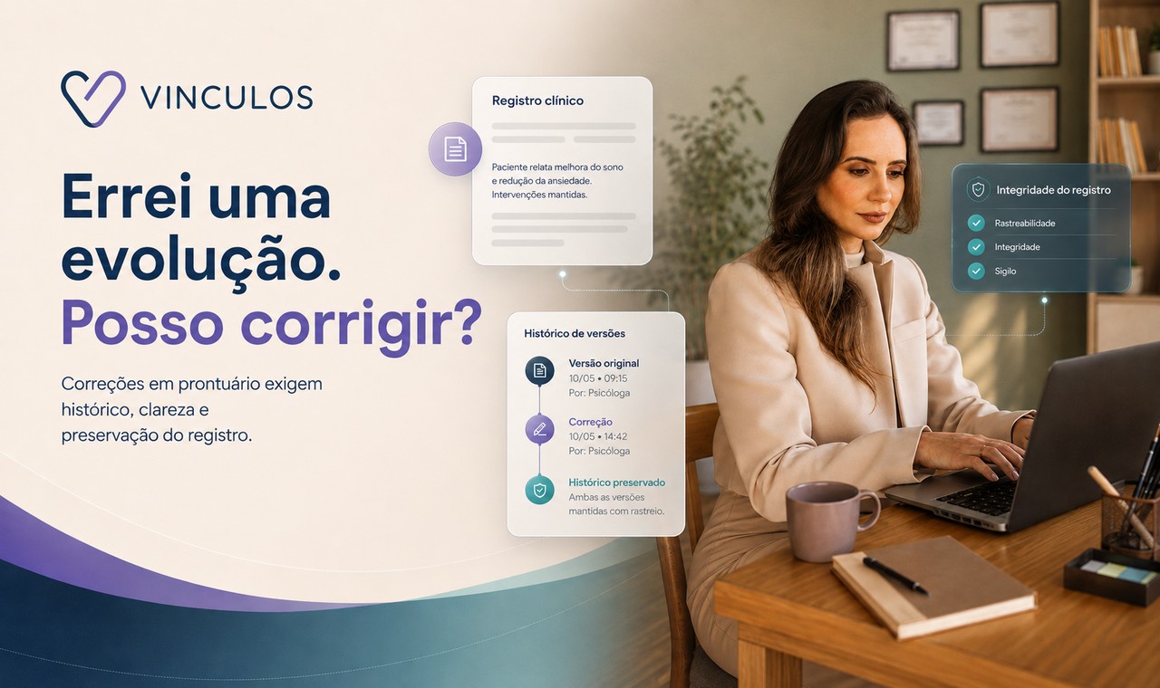 Card do artigo: a logo da Vínculos, o título "Errei uma evolução. Posso corrigir?" e um painel de histórico de versões mostrando a versão original, a correção e o aviso de que ambas foram mantidas.